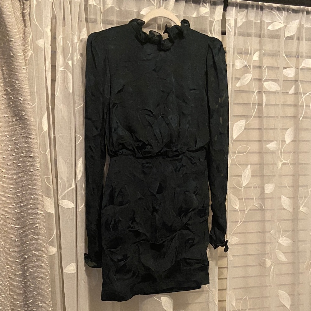 SALONI Black Long Sleeve Dress with Ruffled Neckline